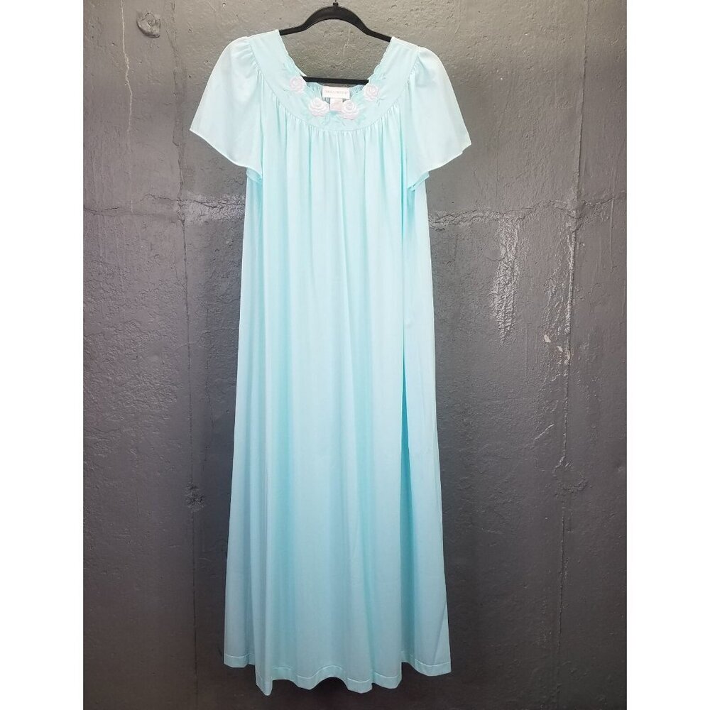 Shadowline Maxi Night Gown Sm Sea Foam Blue Pink Flower Satin Embroidery Vintage